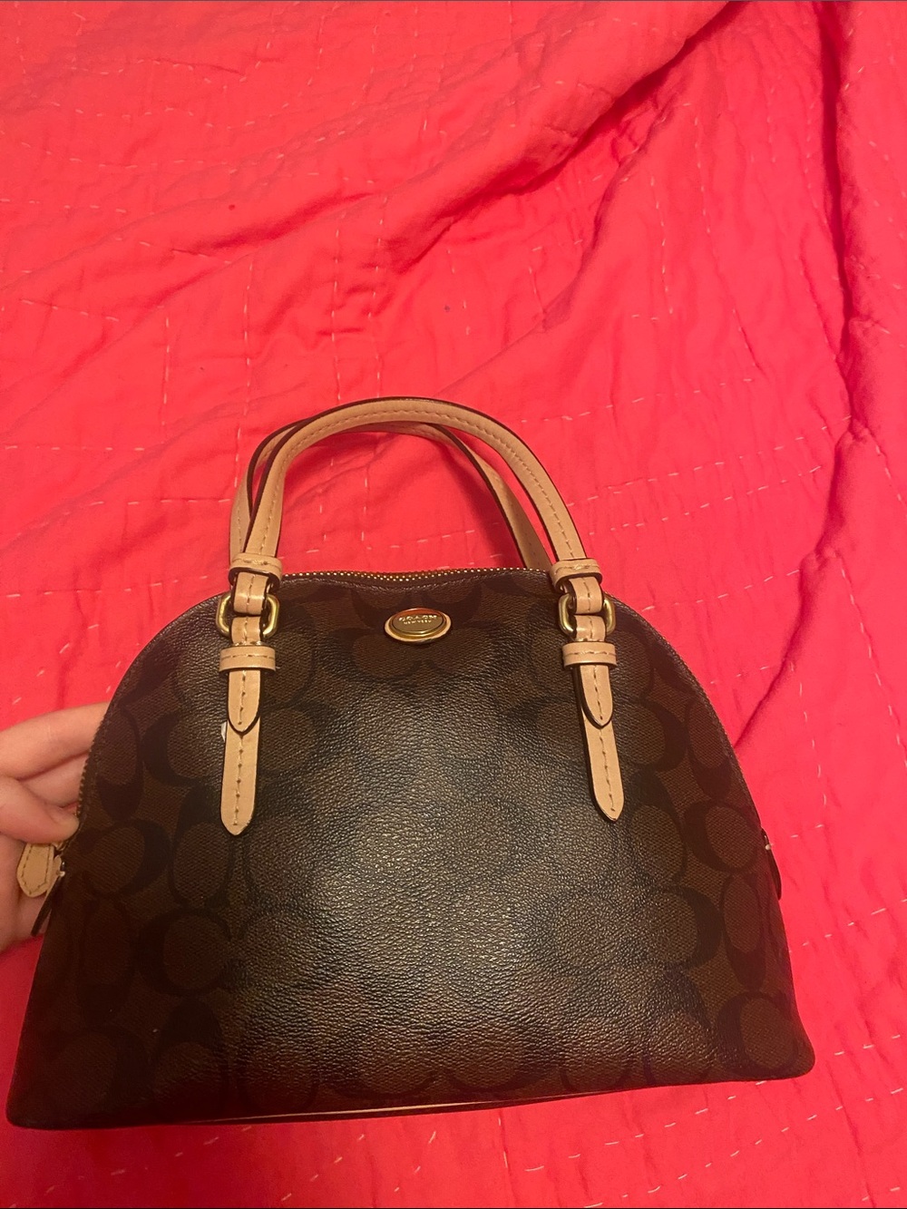 Coach Brown Signature Dome Satchel with Tan Leather Handles